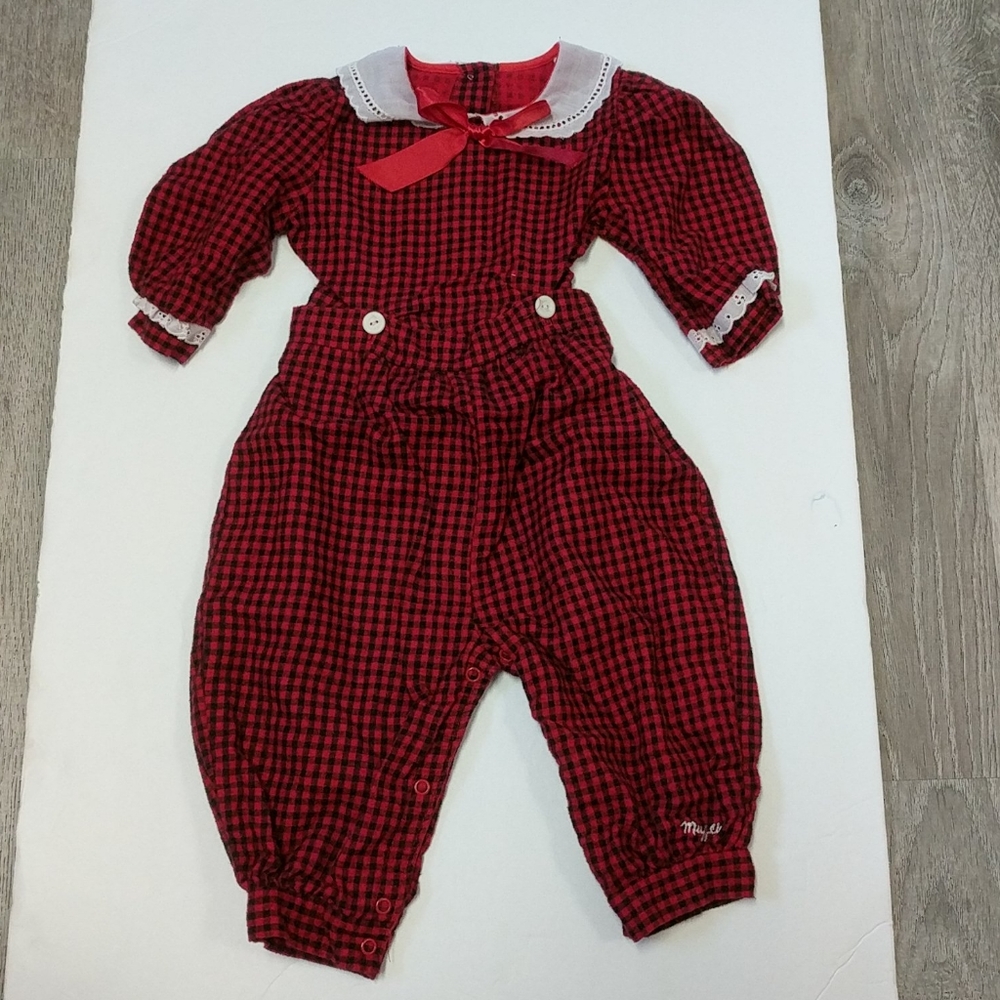 Vintage 12 Months Baby Outfit Red Plaid Flannel